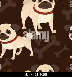 Nahtlose Muster niedlich kleine freundliche Mops Hund Cartoon Haustier Design flache Vektor-Illustration auf braunem Hintergrund mit Knochen Stock Vektor