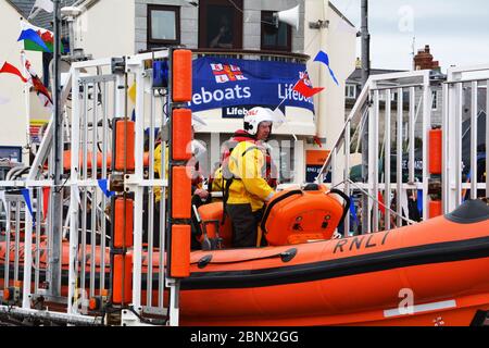 Beaumaris Atlantic 85 Rettungsboot auf Anglesey macht sich bereit, am Tag des Rettungsbootes 2 Juni 2018 zu starten Stockfoto