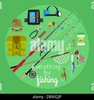 Alles für die Fischerei Vektor Cartoon Illustration in Kreisform auf dem Geen Hintergrund Stock Vektor
