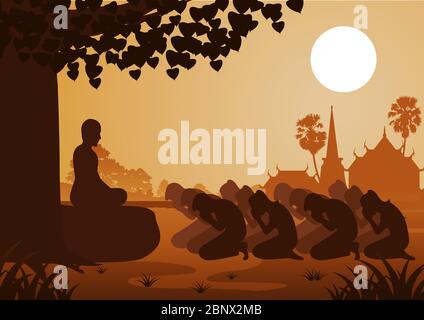 Buddhistische Frauen und Männer Respekt höflich, mit dem Glauben zu Mönch und glauben, Silhouette Style Vector Illustration Stock Vektor