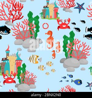 Cartoon Meerpferd, Krabben und Fische nahtlose Muster auf blauem Hintergrund. Vektorgrafik Stock Vektor