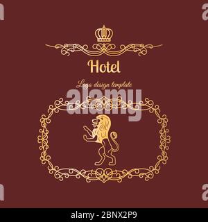 Logo-Design für Hotel mit Vintage-Rahmen, Krone und königlichem Löwen. Vektorgrafik Stock Vektor