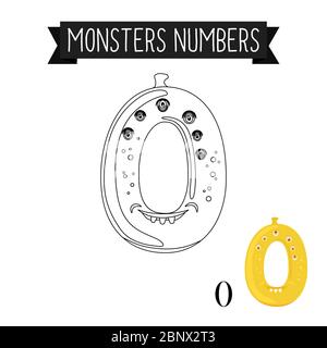 Malseite Monster Zahlen für Kinder. Vektorgrafik Nummer 0 Stock Vektor