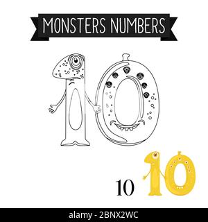 Malseite Monster Zahlen für Kinder. Vektorgrafik Nummer 10 Stock Vektor