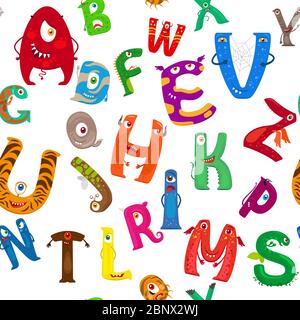 Cartoon bunte Monster Alphabet nahtlose Muster. Vektorgrafik Stock Vektor