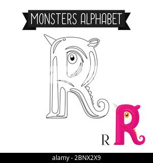 Malseite Monster Alphabet für Kinder. Vektorgrafik Letter R Stock Vektor