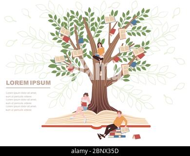 Bildung Konzept Bücher Wachstum auf dem Baum und Menschen studieren Cartoon Charakter Design flache Vektor-Illustration auf weißem Hintergrund Stock Vektor