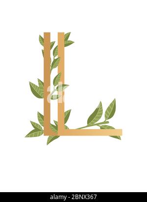 Letter L mit Farbverlauf Stil beige Farbe mit grünen Blättern eco Schriftart flache Vektor-Illustration auf weißem Hintergrund isoliert bedeckt Stock Vektor