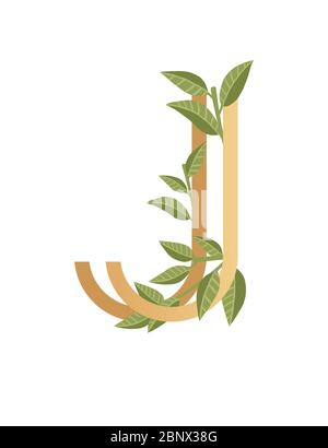 Buchstabe J mit Farbverlauf Stil beige Farbe mit grünen Blättern eco Schriftart flache Vektor-Illustration auf weißem Hintergrund isoliert bedeckt Stock Vektor