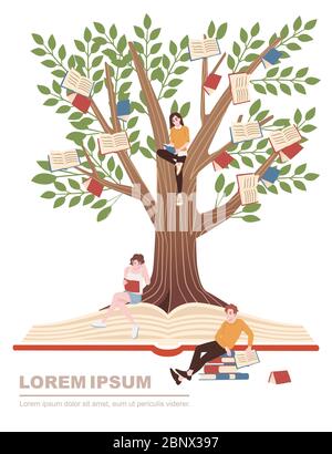 Bildung Konzept Bücher Wachstum auf dem Baum und Menschen studieren Cartoon Charakter Design flache Vektor-Illustration auf weißem Hintergrund Stock Vektor