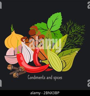 Gewürze und Gewürze Vektor-Illustration auf dem dunklen Hintergrund Stock Vektor