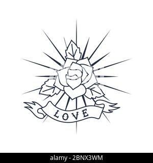 Retro Linie Art Logo Design, Rose und Band mit Wort Liebe. Isoliert auf weißem Hintergrund. Vektorgrafik Stock Vektor