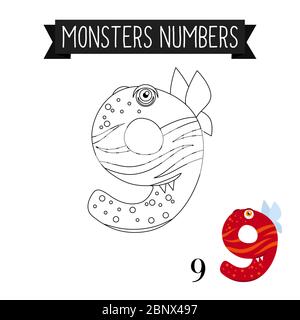 Malseite Monster Zahlen für Kinder. Vektorgrafik Nummer 9 Stock Vektor