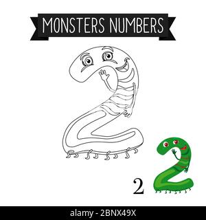 Malseite Monster Zahlen für Kinder. Vektorgrafik Nummer 2 Stock Vektor
