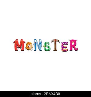 Druckmotiv für Textil mit Monsters Buchstaben und Wort Monster isoliert auf weiß. Vektorgrafik Stock Vektor