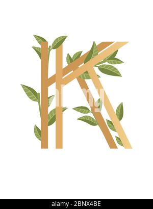 Letter K mit Farbverlauf Stil beige Farbe mit grünen Blättern eco Schriftart flache Vektor-Illustration auf weißem Hintergrund isoliert bedeckt Stock Vektor