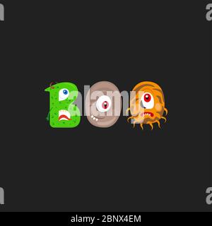 Druckmotiv für Textil mit Monsters Buchstaben und Wort Boo auf dunklem Hintergrund. Vektorgrafik Stock Vektor