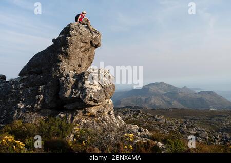 Der Smuts Track mit Blick auf Hout Bay, den Gipfel des Tafelbergs, Kapstadt Stockfoto