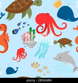 Cartoon Schildkröte, Delphin, Krake, Seepferdchen, Quallen und Fische auf blauem Hintergrund. Vektorgrafik Stock Vektor