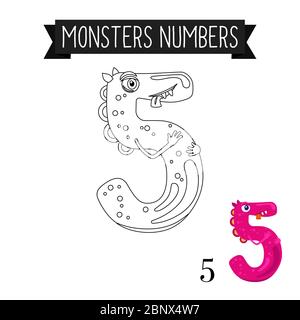 Malseite Monster Zahlen für Kinder. Vektorgrafik Nr. 5 Stock Vektor