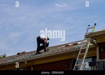 Dachreparatur, Arbeiter mit Ersatz grauen Fliesen Schindeln auf Haus angewendet Stockfoto