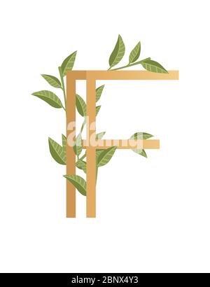 Buchstabe F mit Farbverlauf Stil beige Farbe mit grünen Blättern bedeckt eco Schriftart flache Vektor-Illustration isoliert auf weißem Hintergrund Stock Vektor