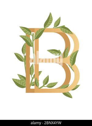 Buchstabe B mit Farbverlauf Stil beige Farbe mit grünen Blättern eco Schriftart flache Vektor-Illustration auf weißem Hintergrund isoliert bedeckt Stock Vektor