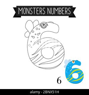 Malseite Monster Zahlen für Kinder. Vektorgrafik Nummer 6 Stock Vektor