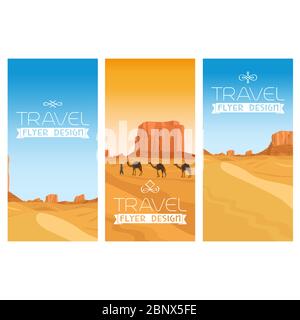 Berge Wüste Vektor Landschaft Flyer Set. Ägypten und Kamele Stock Vektor