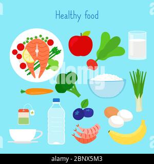 Gesunde Ernährung Vektor-Illustration auf dem blauen Hintergrund Stock Vektor