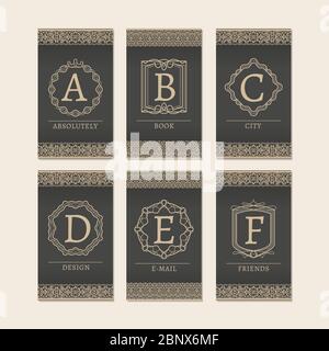 Karten mit Monogramm Logos und Rahmen. Buchstaben A-F Vektorgrafik Stock Vektor