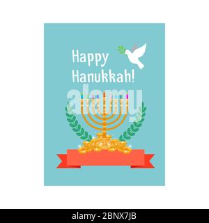 Jüdische Feiertage, glückliche chanukka Karte mit Menorah Kerzen, Zischen, rotes Band und Vogel. Vektorgrafik Stock Vektor
