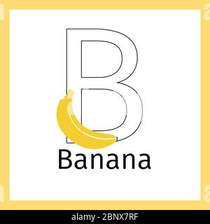 Kinder Bildungskarte mit Bananenfrucht und Umriss Buchstabe B zum Färben, Vektor-Illustration Stock Vektor