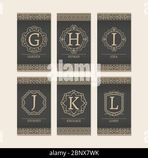 Karten mit Monogramm Logos und Rahmen. Buchstaben G-L Vektorgrafik Stock Vektor