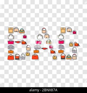 Cartoon Tasche Symbole in Wort. Transparenter Hintergrund und Schatten. Vektorgrafik Stock Vektor