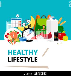 Gesundes Lifestyle-Konzept. Trainingsgeräte und Fitnesskleidung für sportliche Aktivität mit Platz für Text. Vektorgrafik Stock Vektor