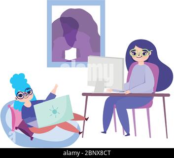 Arbeiten aus der Ferne, junge Frauen mit Laptop und Computer in Schreibtisch Vektor Illustration Stock Vektor