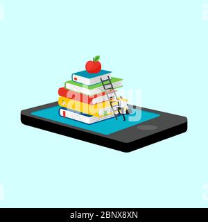 Mobile Bibliothek in Smartphone Vektor Illustration. Isometrische 3d-Online-Buchung Stock Vektor