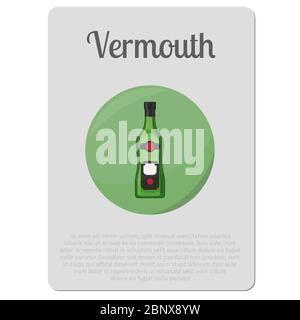 Wermut Alkohol. Aufkleber mit Flasche und Beschreibung Vektor-Illustration Stock Vektor