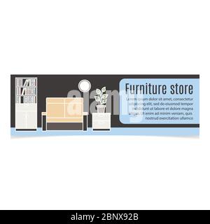 Möbel horizontale Banner mit Sofa und Bücherregal. Vektorgrafik Stock Vektor