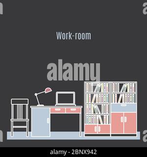 Die Inneneinrichtung des Arbeitsraums ist im Stil der Linienkunst gehalten. Vektorgrafik Stock Vektor