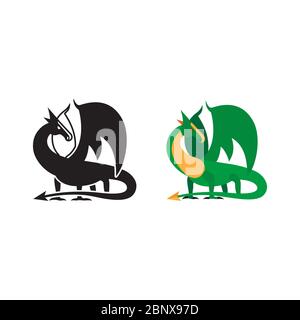 Mittelalterliche Drachen-Ikone und Silhouette auf weißem Hintergrund isoliert. Vektorgrafik Stock Vektor