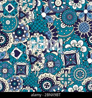 Blaues Doodle-Muster. Vektor-Nahtloses Muster. Bunte Doodle abstrakte Ornamente. Blau und lila Farben. Stock Vektor