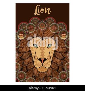 Löwentier, Zierkarte Design mit rundem Ornament und braunem Hintergrund. Vektorgrafik Stock Vektor