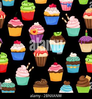 Süße Cupcakes buntes Muster auf schwarzem Hintergrund. Vektorgrafik Stock Vektor