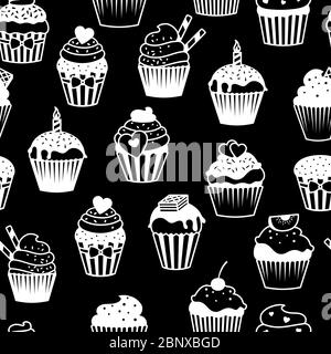 Süße Cupcakes schwarz-weiß Muster. Vektorgrafik Stock Vektor