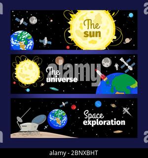 Space Thema Banner mit Planeten, Rakete und Sternen. Vektorgrafik Stock Vektor