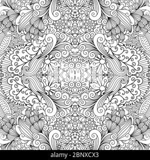 Symmetrische ethnische Umrisse schwarz-weiß ornamentales Muster mit Blumen und Wirbeln. Vektorgrafik Stock Vektor