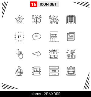 Piktogramm-Set von 16 einfachen Umrissen von Chip, Gebäude, Kopfhörer, Architektur, romantische editierbare Vektor Design-Elemente Stock Vektor