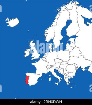 Portugal Karte auf europa Kontinent hervorgehoben. Weiß auf blauem Hintergrund. Perfekt für Geschäftskonzepte, Hintergründe, Hintergrund, Poster, Aufkleber, Banner, Stock Vektor